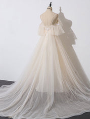 A-Line V-Neck Floor-Length Champagne Tulle & Lace Prom Dress with Sequin Bodice and Flutter Sleeves