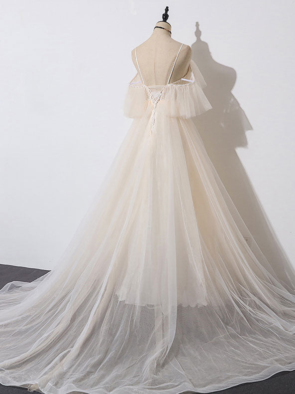 A-Line V-Neck Floor-Length Champagne Tulle & Lace Prom Dress with Sequin Bodice and Flutter Sleeves