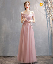 A-Line Blush Pink Off-the-Shoulder Floor-Length Tulle Prom Dress with Pleated Bodice