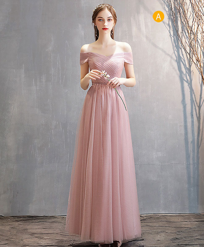 A-Line Blush Pink Off-the-Shoulder Floor-Length Tulle Prom Dress with Pleated Bodice