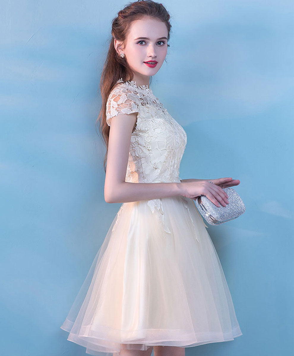 A-Line Illusion Neck Knee-Length Ivory Tulle Lace Homecoming Dress with Floral Appliqué