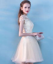 A-Line Illusion Neck Knee-Length Ivory Tulle Lace Homecoming Dress with Floral Appliqué