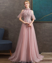 High Neck A-line Floor-Length Tulle & Lace Prom Dress with Sheer Puff Sleeves