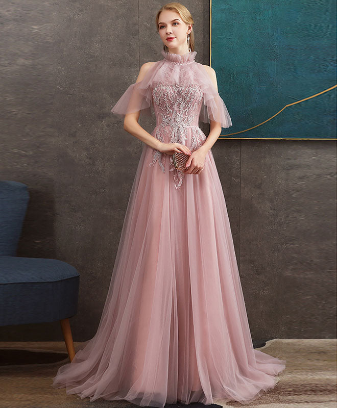 High Neck A-line Floor-Length Tulle & Lace Prom Dress with Sheer Puff Sleeves