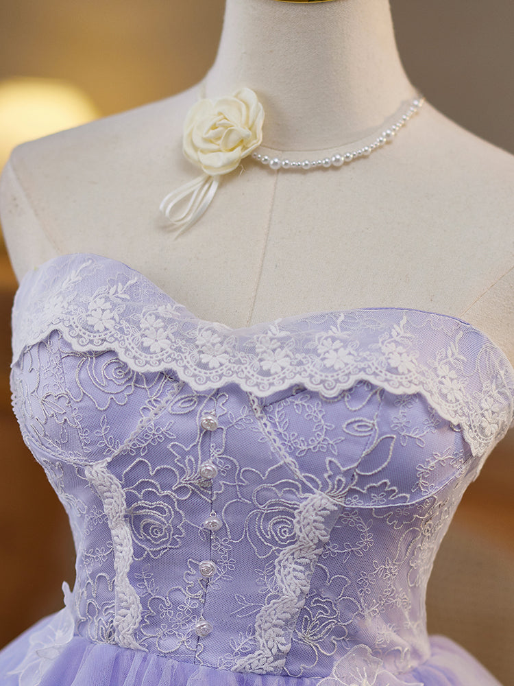 A-Line Lavender Sweetheart Knee-Length Tulle Lace Homecoming Dress with Tiered Ruffle Skirt