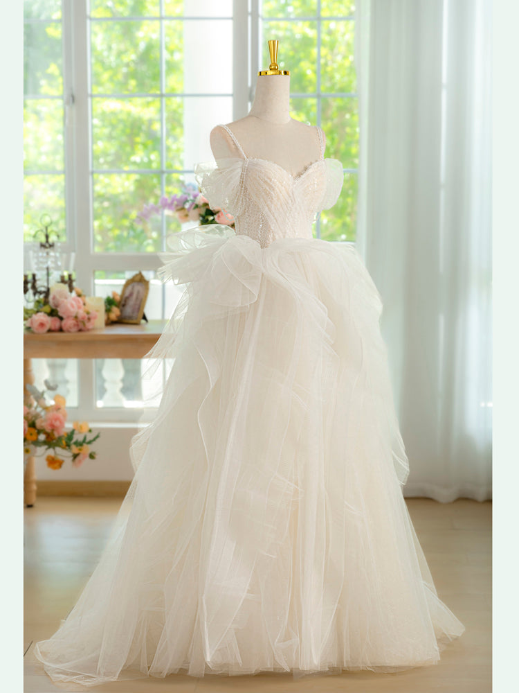 Princess Ivory Sweetheart Neck Floor-Length Tulle Prom Dress with Layered Ruffles and Beaded Lace