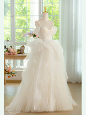 Princess Ivory Sweetheart Neck Floor-Length Tulle Prom Dress with Layered Ruffles and Beaded Lace