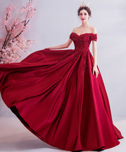 A-Line Off-the-Shoulder Floor-Length Satin & Lace Appliqué Prom Dress