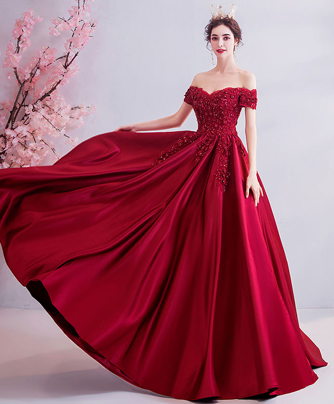 A-Line Off-the-Shoulder Floor-Length Satin & Lace Appliqué Prom Dress