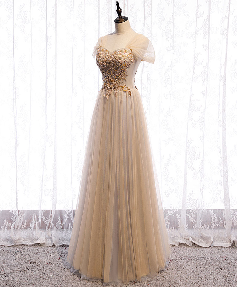 A-Line Champagne Sweetheart Floor-Length Tulle Lace Prom Dress with Beaded Bodice