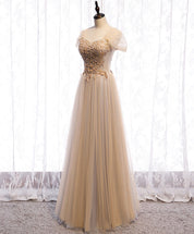A-Line Champagne Sweetheart Floor-Length Tulle Lace Prom Dress with Beaded Bodice