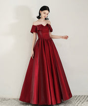 A-Line Sweetheart Floor-Length Burgundy Satin Prom Dress with Off-the-Shoulder Ruffle Sleeves
