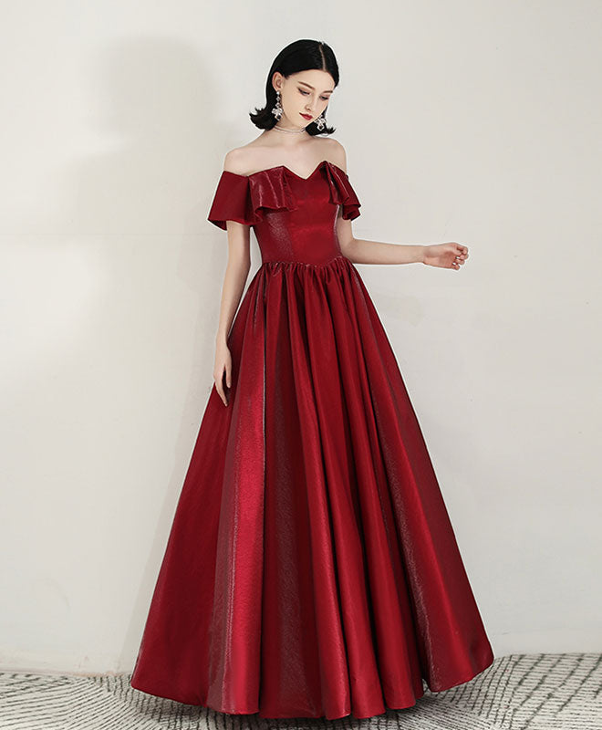 A-Line Sweetheart Floor-Length Burgundy Satin Prom Dress with Off-the-Shoulder Ruffle Sleeves