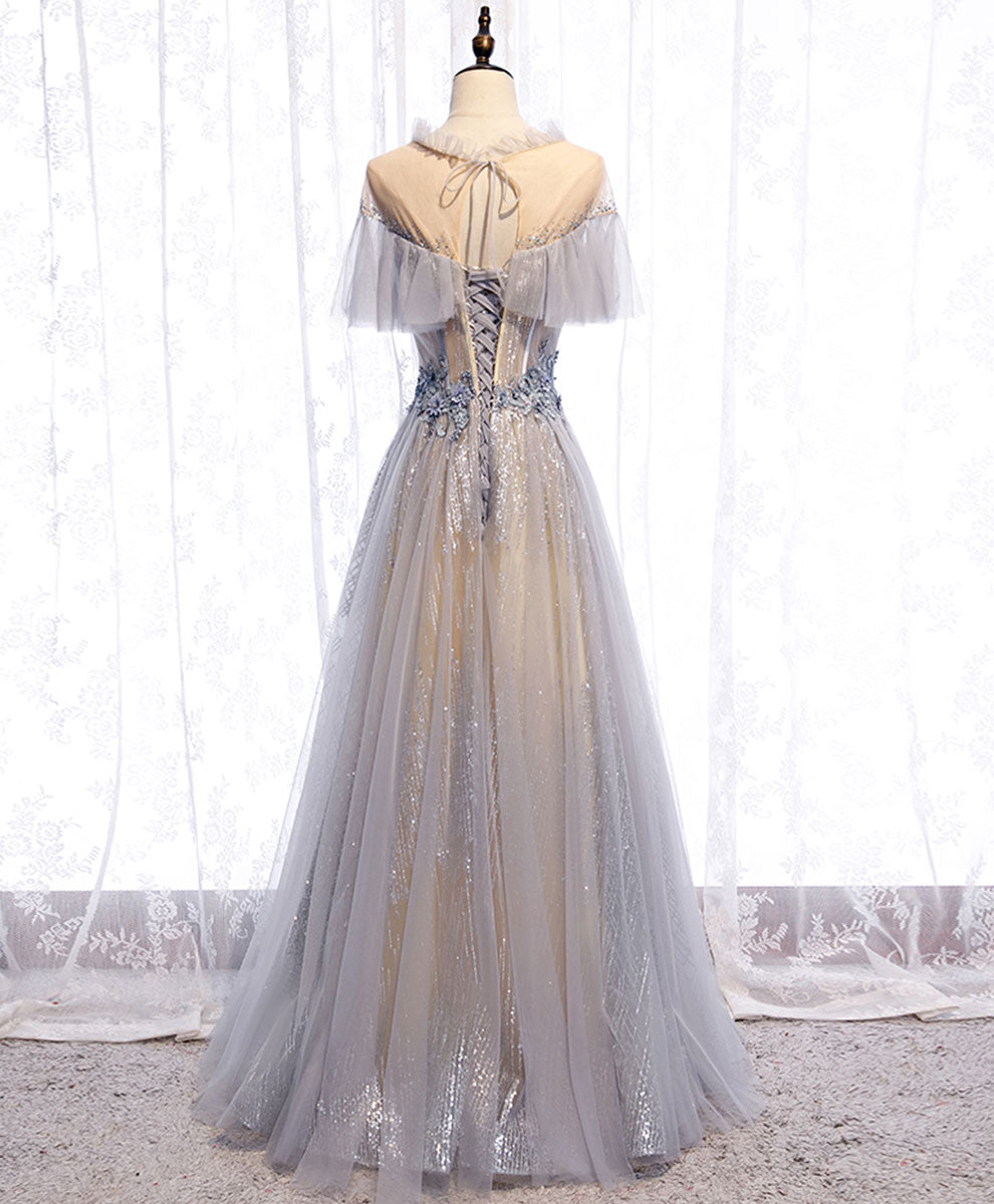 A-Line Misty Gray Illusion Neck Floor-Length Tulle Lace Prom Dress with Ruffled Cape Sleeves and Beaded Waist