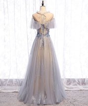 A-Line Misty Gray Illusion Neck Floor-Length Tulle Lace Prom Dress with Ruffled Cape Sleeves and Beaded Waist