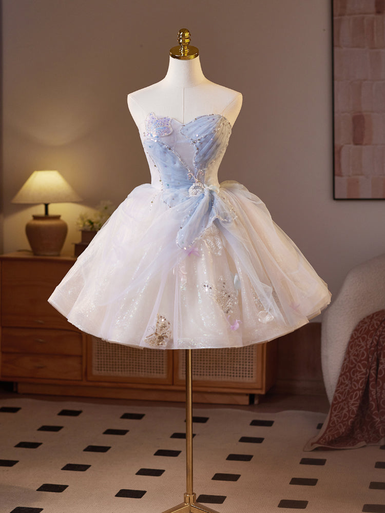 Strapless Light Blue Tulle Homecoming Dress with Beaded Bow Detail