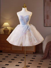 Strapless Light Blue Tulle Homecoming Dress with Beaded Bow Detail