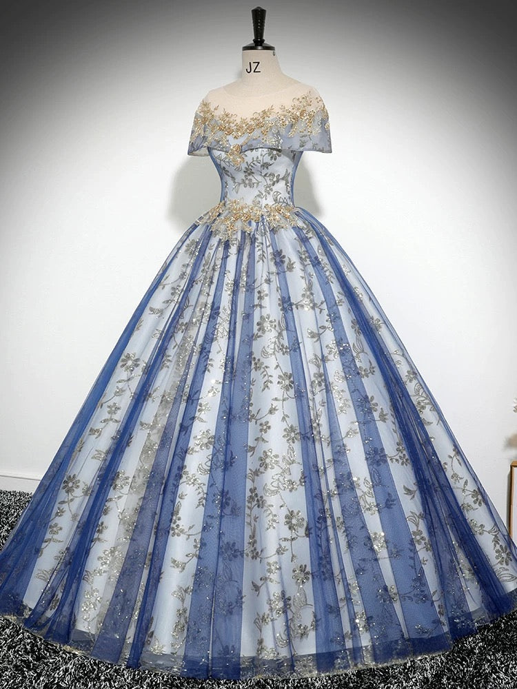 A-Line Tulle Sequin Lace Blue Long Prom Dress with Lace-Up Back
