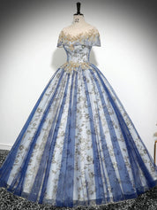 A-Line Tulle Sequin Lace Blue Long Prom Dress with Lace-Up Back