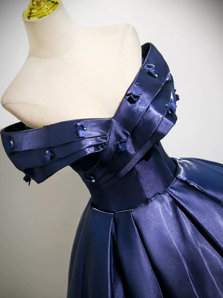 Off-Shoulder Navy Satin Ball Gown Prom Dress with Corset Bodice