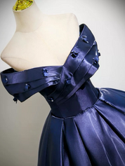 Off-Shoulder Navy Satin Ball Gown Prom Dress with Corset Bodice