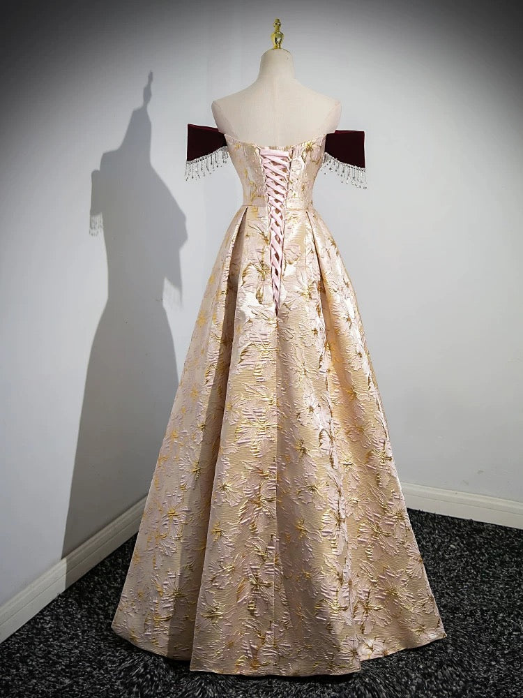 A-Line Off-Shoulder Champagne Satin Long Prom Dress