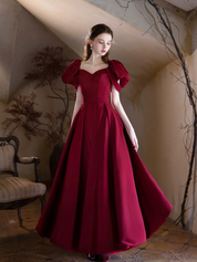 Burgundy Off-Shoulder Satin Ball Gown Prom Dress with Puff Sleeves
