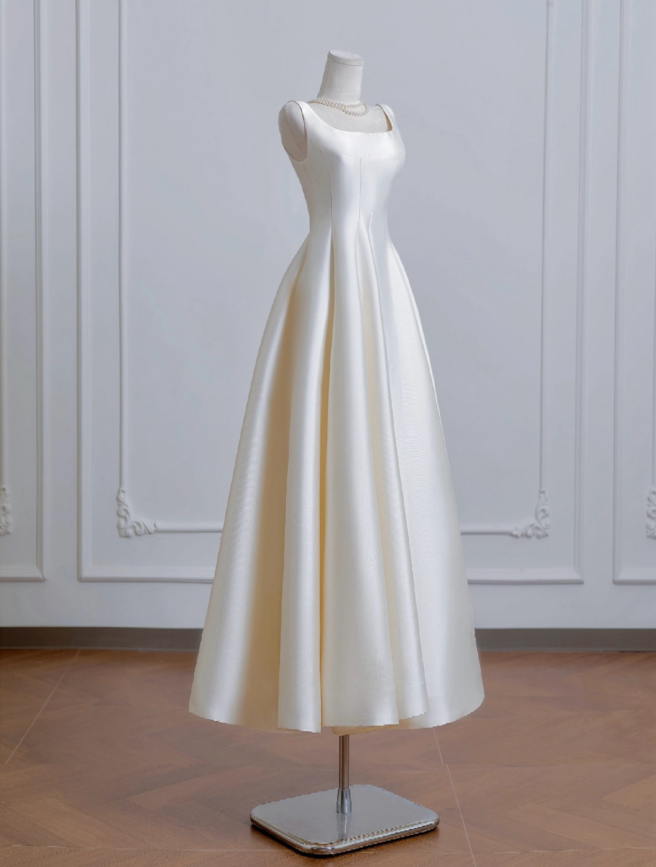 A-Line Square Neck Floor-Length Satin Ivory Prom Dress with Clean Minimalist Silhouette