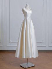 A-Line Square Neck Floor-Length Satin Ivory Prom Dress with Clean Minimalist Silhouette