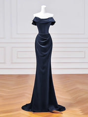 Mermaid Off-the-Shoulder Floor-Length Navy Velvet Prom Dress with Draped Bodice