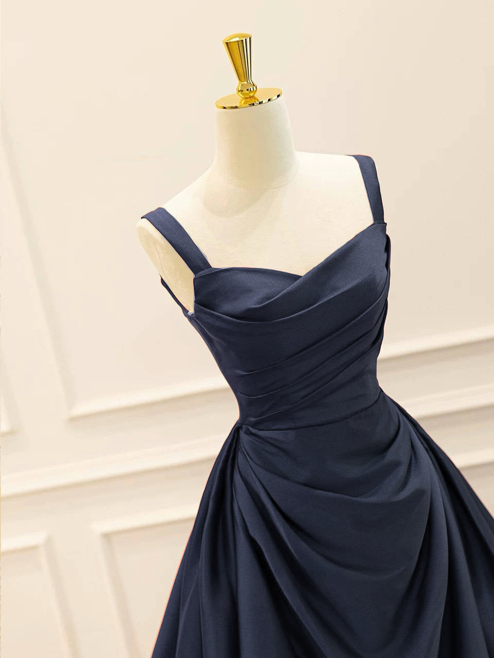 A-Line Satin Dark Blue Long Prom Dress, Dark Blue Long Evening Dress