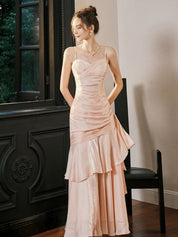 A-Line Sweetheart Neck Satin Pink Long Prom Dress, Pink Long Formal Dress