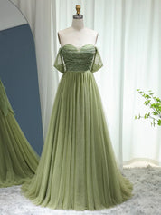 A-Line Off Shoulder Tulle Sequin Green Long Prom Dress with Zipper Back