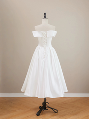 A-line Off Shoulder Tea Length White Prom Dress, White Formal Dress