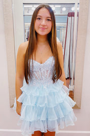 A-Line Sweetheart Neck Short/Mini Pink Tulle Homecoming Dress with Lace Corset Bodice