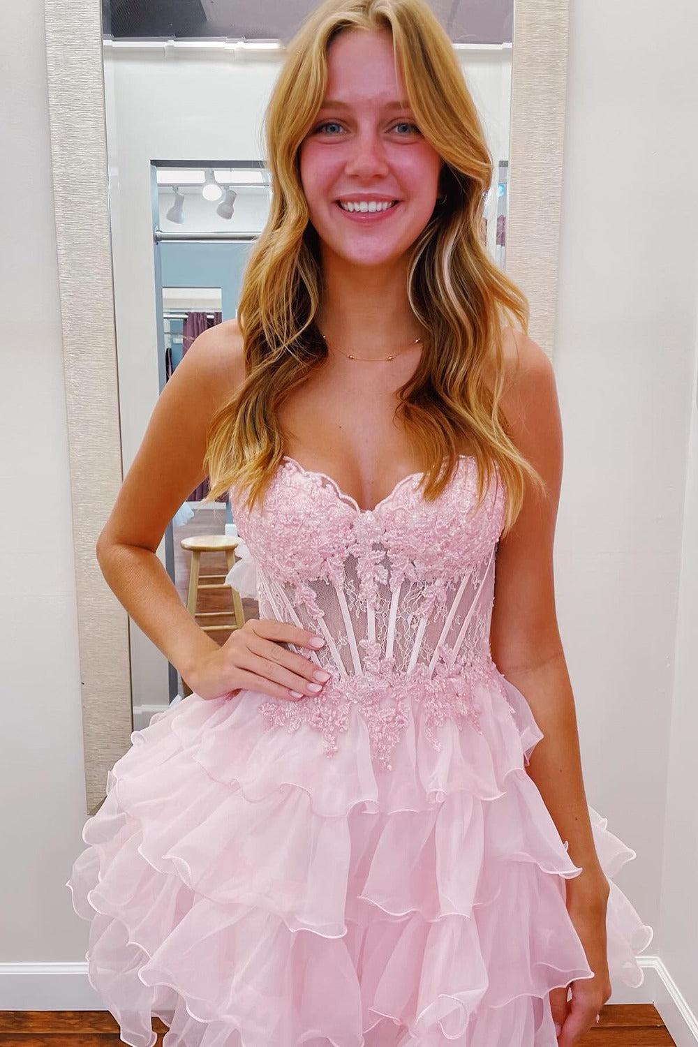 Mini Pink Tulle Homecoming Dress with Lace Corset Bodice