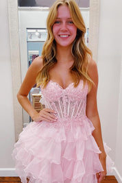 A-Line Sweetheart Neck Short/Mini Pink Tulle Homecoming Dress with Lace Corset Bodice