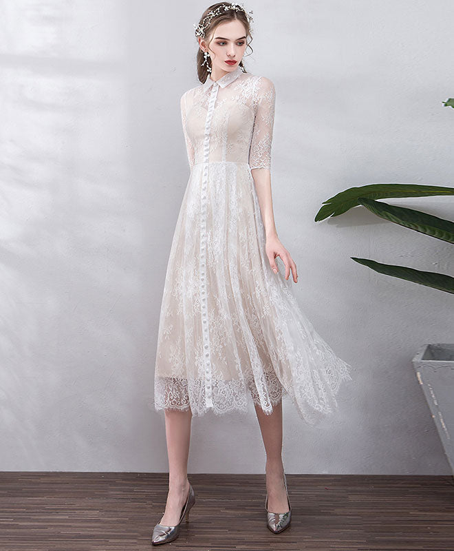 A-Line Shirt Collar Tea-Length Tulle Lace Button-Front Elegant Homecoming Dress