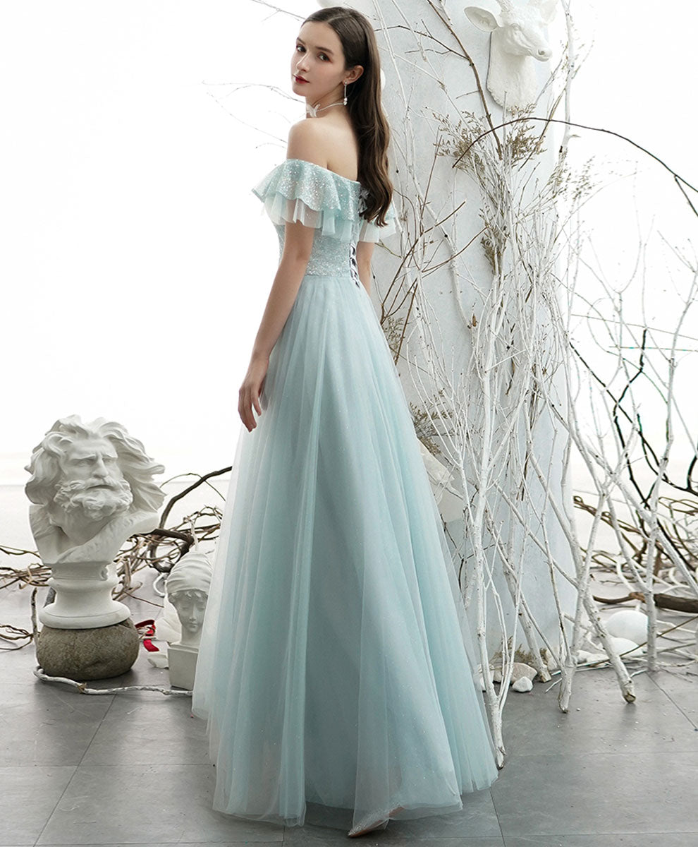 A-Line Off-the-Shoulder Floor-Length Mint Green Tulle Sequin Prom Dress with Ruffled Neckline