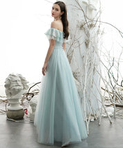 A-Line Off-the-Shoulder Floor-Length Mint Green Tulle Sequin Prom Dress with Ruffled Neckline