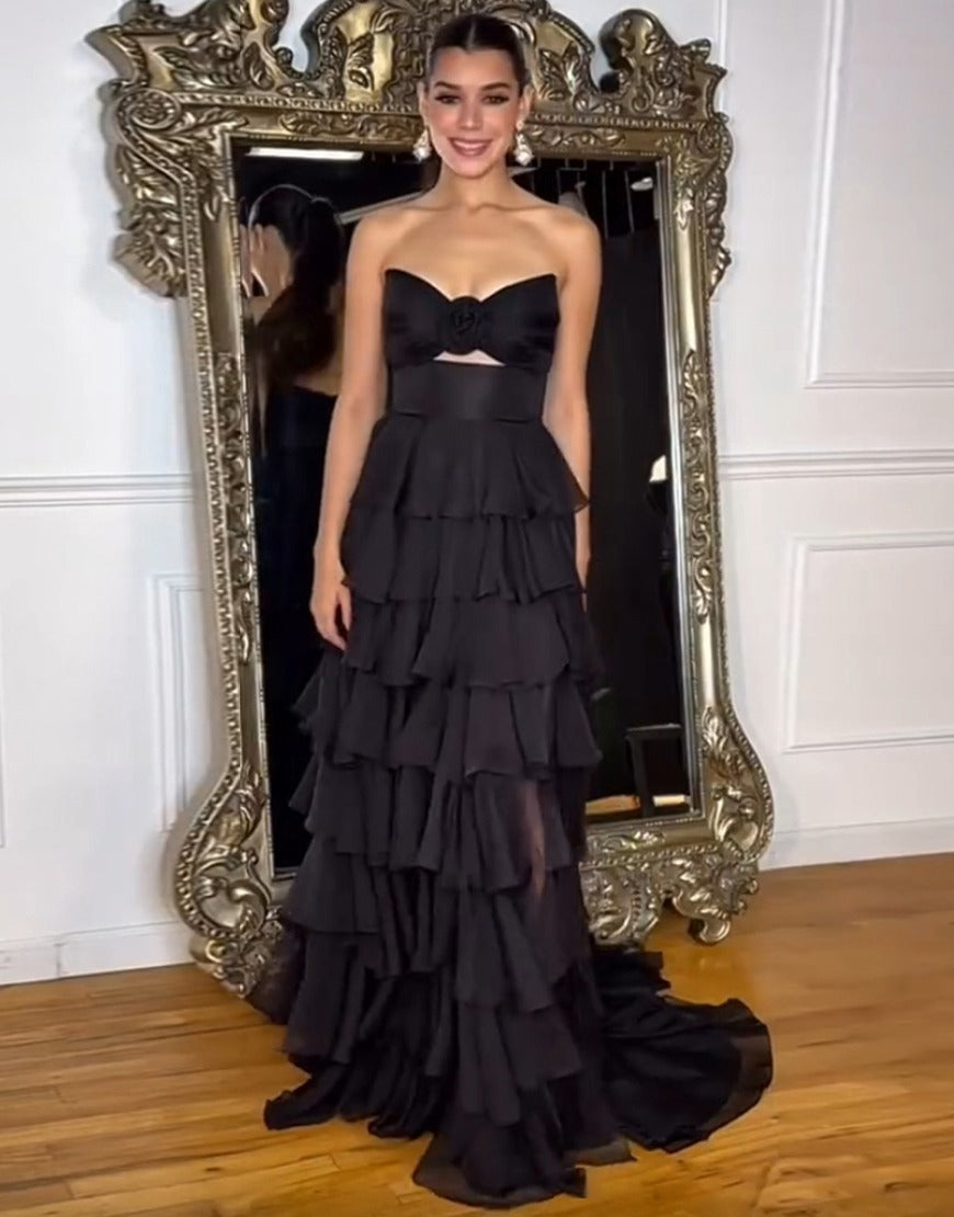 A-Line Sweetheart Neck Floor-Length Chiffon Pink Prom Dress with Rosette Bodice and Tiered Ruffles