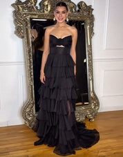 A-Line Sweetheart Neck Floor-Length Chiffon Pink Prom Dress with Rosette Bodice and Tiered Ruffles