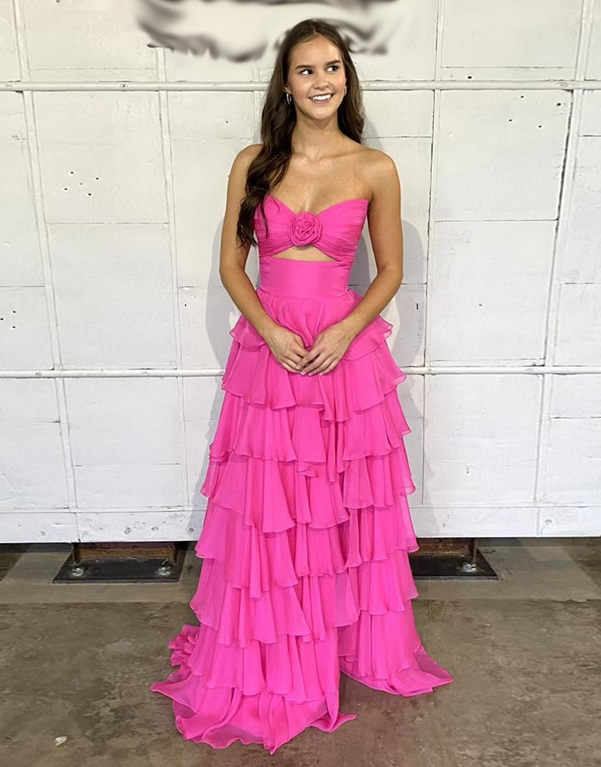 A-Line Sweetheart Floor-Length Hot Pink Chiffon Prom Dress with Tiered Ruffles and High Slit