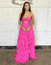 A-Line Sweetheart Floor-Length Hot Pink Chiffon Prom Dress with Tiered Ruffles and High Slit