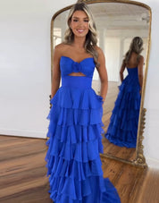 A-Line Sweetheart Floor-Length Hot Pink Chiffon Prom Dress with Tiered Ruffles and High Slit