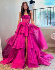 A-Line Strapless Floor-Length Light Blue Tulle Tiered Ruffle Prom Dress