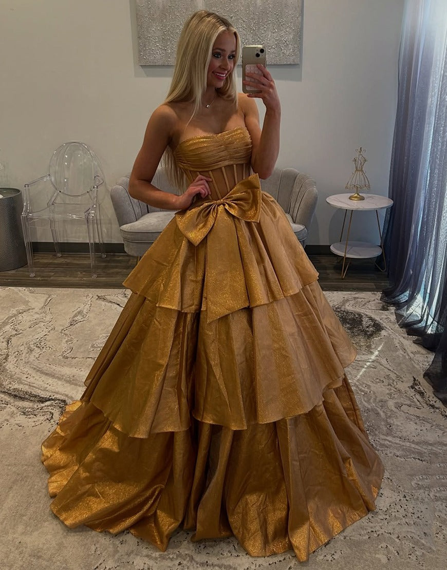 A-Line Strapless Floor-Length Light Blue Tulle Tiered Ruffle Prom Dress