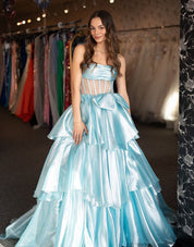A-Line Strapless Floor-Length Light Blue Tulle Tiered Ruffle Prom Dress