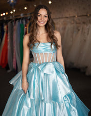 A-Line Strapless Floor-Length Light Blue Tulle Tiered Ruffle Prom Dress