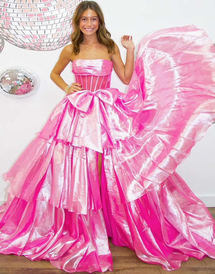 A-Line Strapless Floor-Length Light Blue Tulle Tiered Ruffle Prom Dress